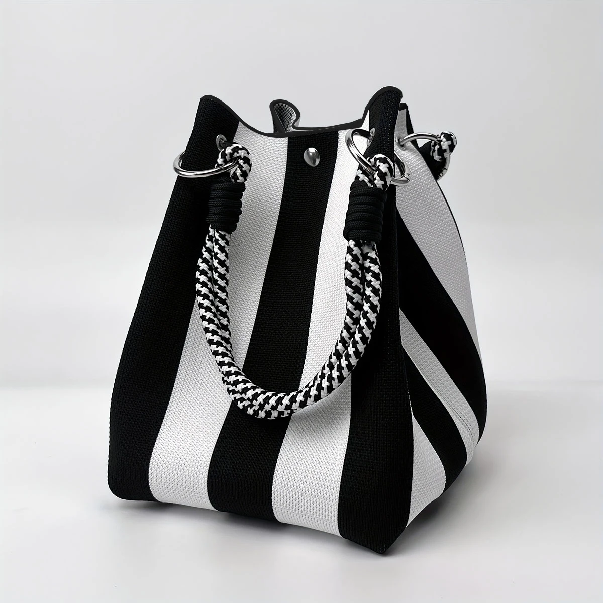 Women Multi‑Color Knitted Retro Bucket Handbag, Color‑Blocked Versatile Portable Daily Shoulder Tote Bag