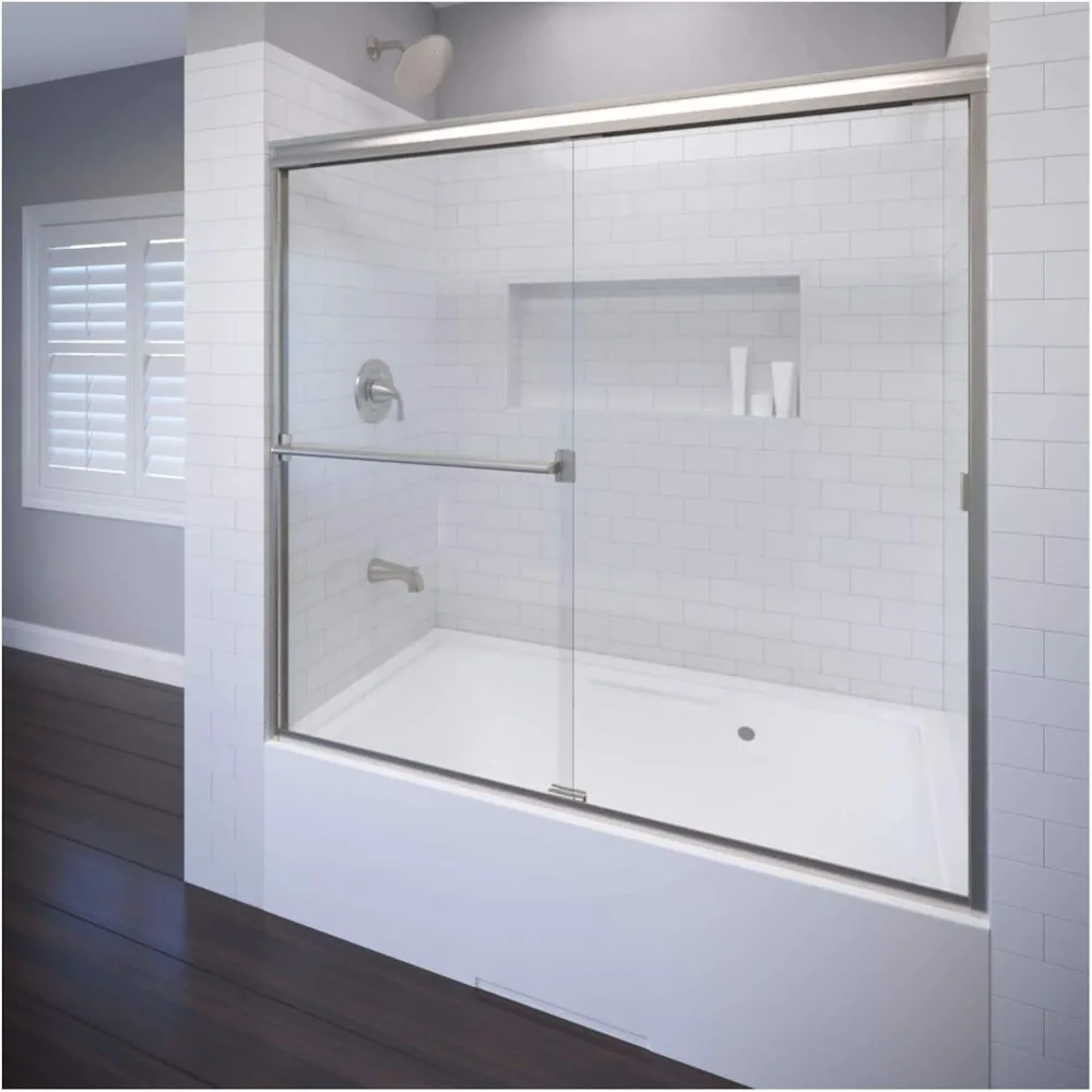 

Shower Door, 56-60 in. Wide, with Handle and Waterproof Seal, Tempered Glass, Brushed Nickel, Frameless Sliding Shower Door