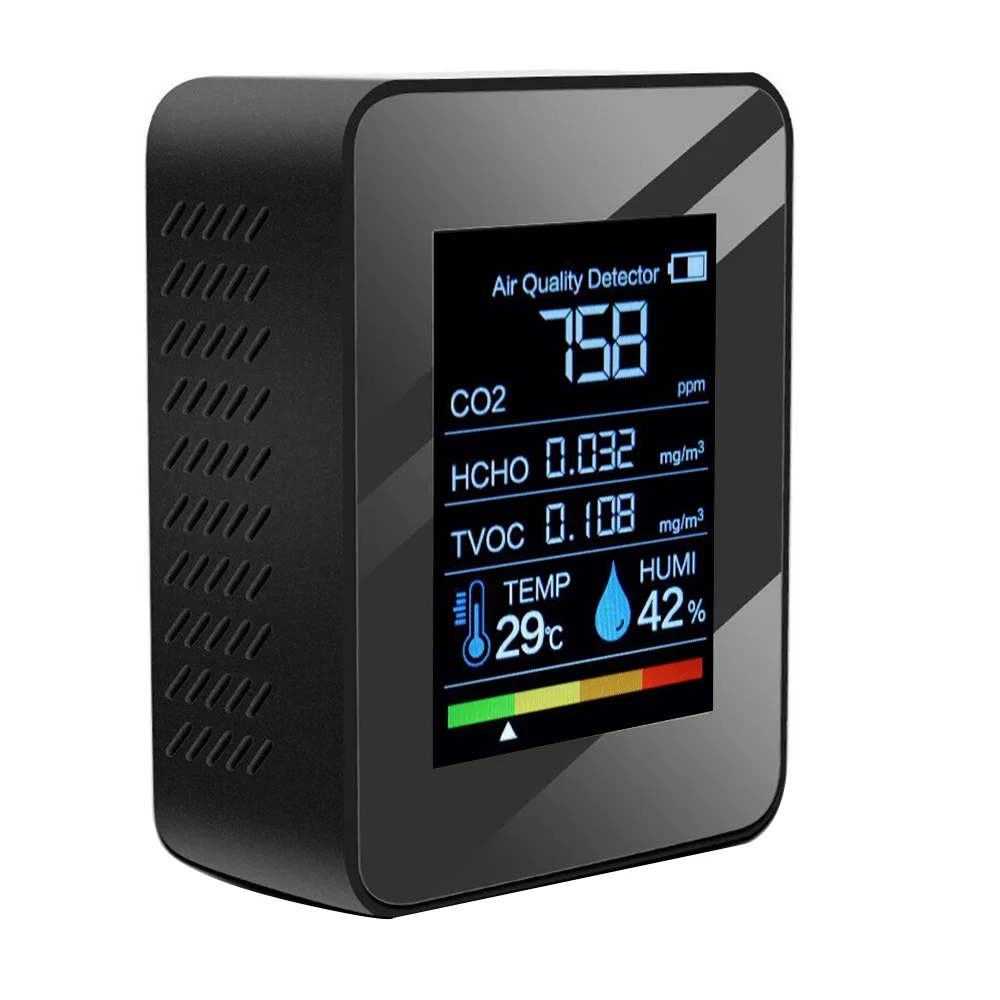 Monitor della qualità dell'aria 5 in 1 Monitor della formaldeide HCHO/TVOC/CO2/Rilevatore di temperatura/umidità Allarme Misuratore di CO2