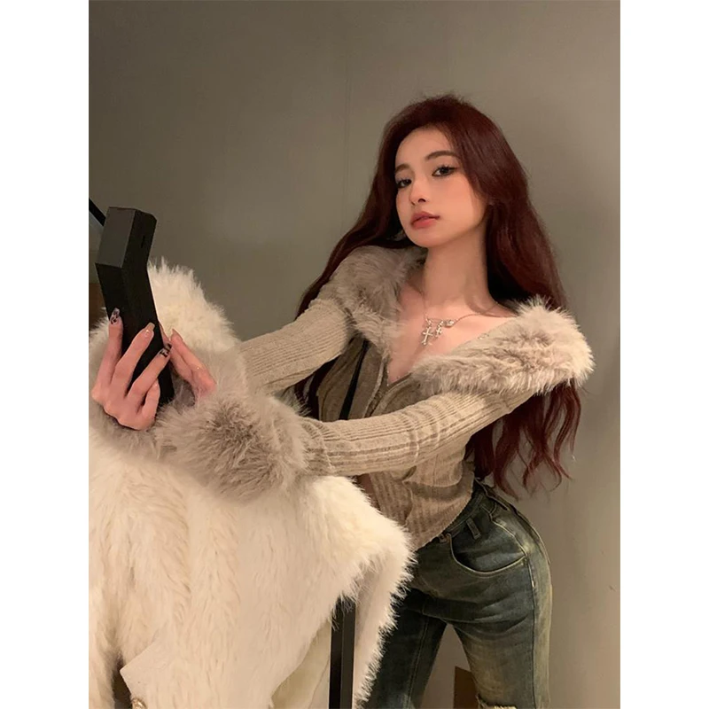 MEXZT Y2K Cropped Knitted Cardigan Women Faux Fur Patchwork Sweater Jacket Streetwear Sexy V Neck Jumper Korean Bodycon Knitwear