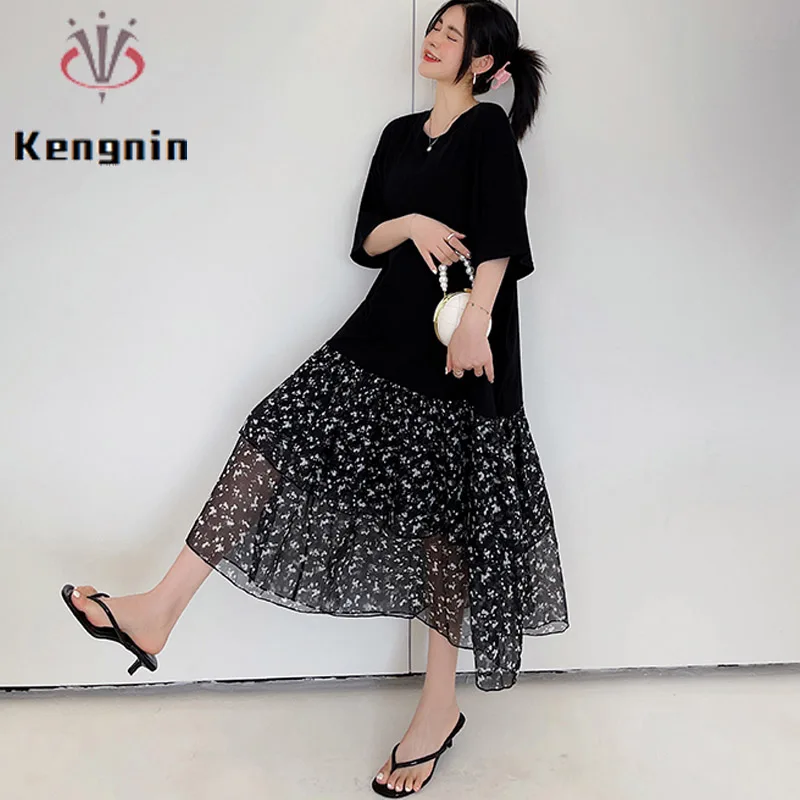 New 2023 Summer Dresses Woman Loose Plus Size 4XL Print Floral Patchwork Lady Vestido Black T-Shirt Dress Causal Robe KE3480