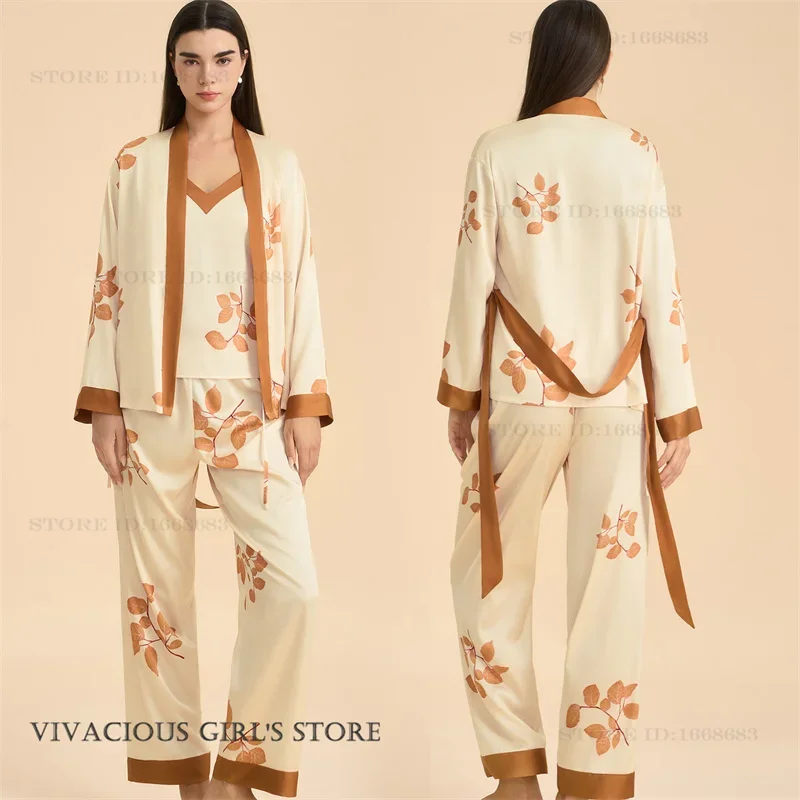 

Print Flower Pajamas 3PCS Set Loungewear Spring Autumn New Women's Sleepwear Long Sleeve Cardigan Trouser Pijamas Loose Homewear