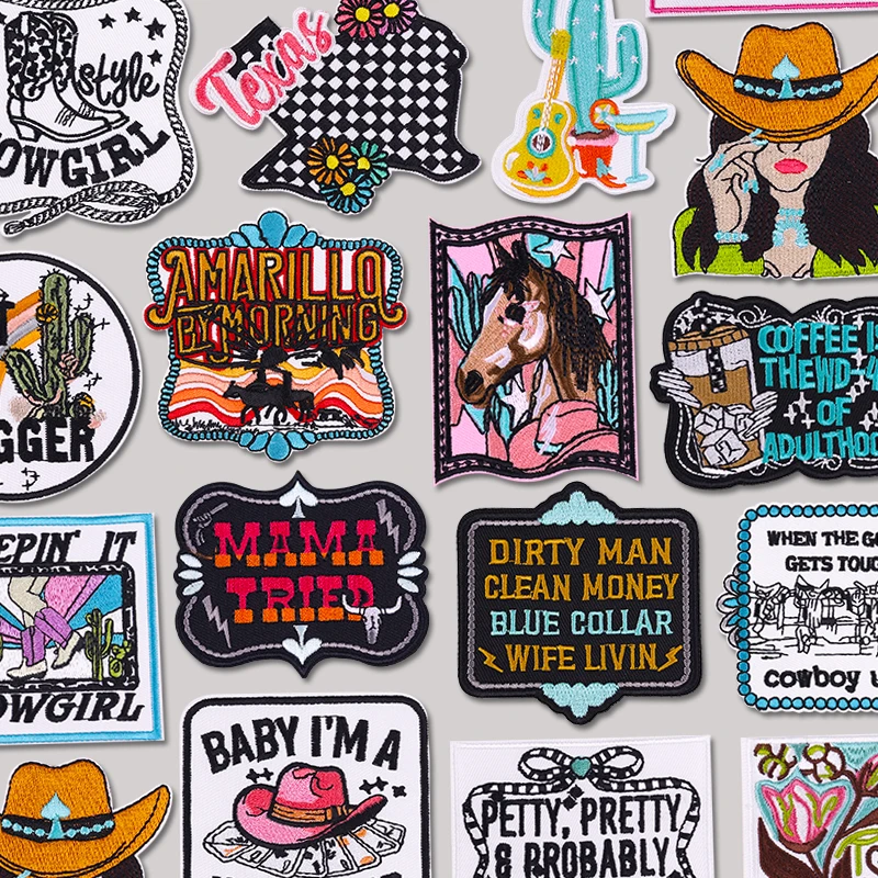 

Western Cowgirl/Cowboy Embroidered Patches For Clothes Jackets DIY Cartoon Patch Iron On Patches For Clothing Letter Sew Sticker