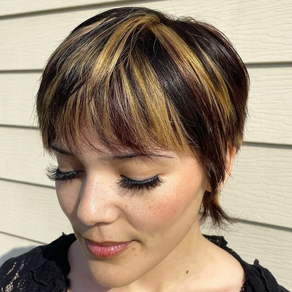 

Brazilian Remy Human Hair Short Layered Pixie Cut Wig for Women with Bangs Natural Honey Blonde Highlights Full Machine Made Wig