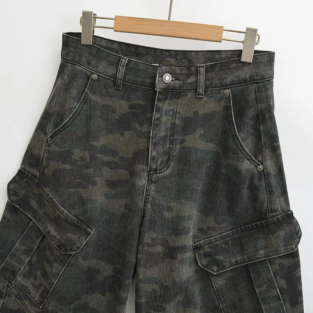 Wide-leg jeans, American high street spring and autumn design, hip-hop internet celebrity, retro camouflage pants, overalls