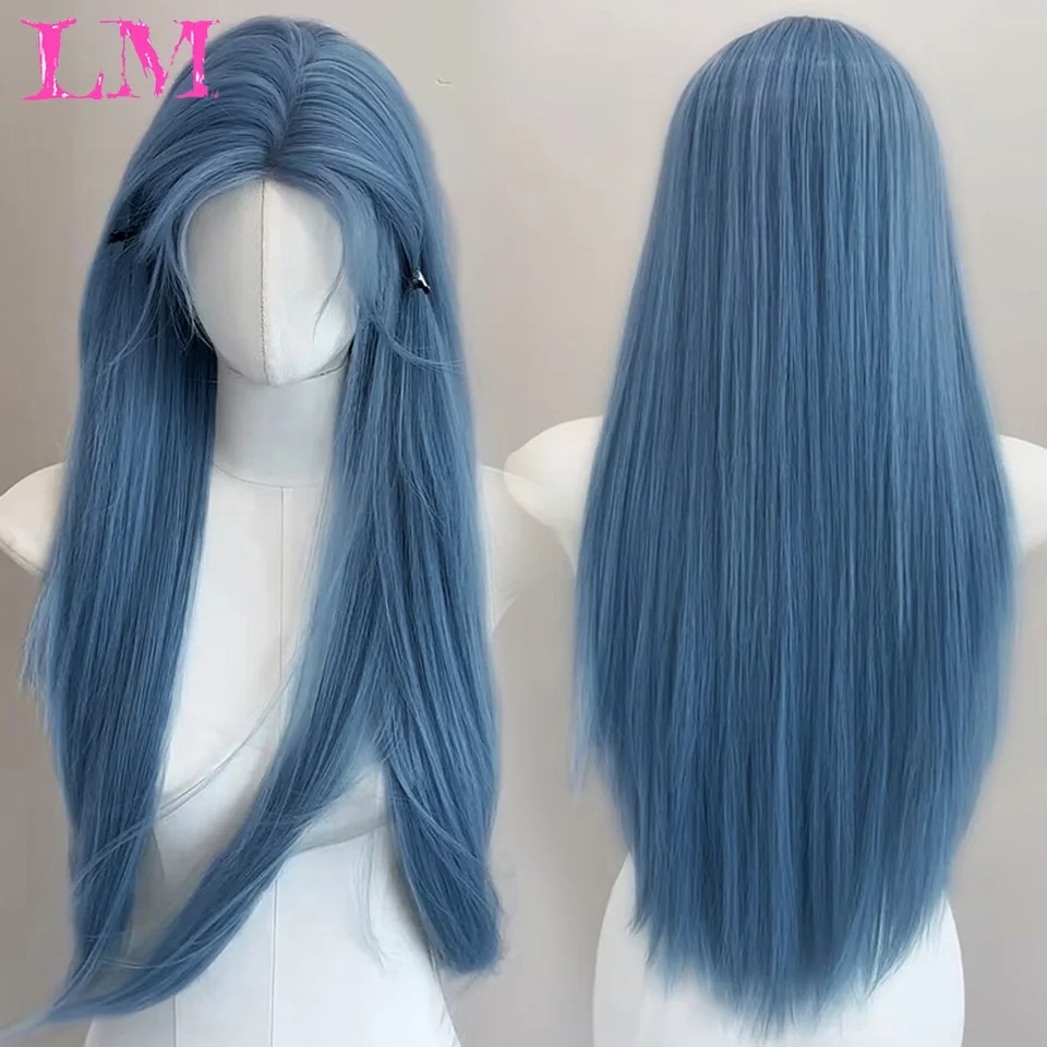 LM Long Straight Synthetic Wigs Light Blue with Ash Highlight Cosplay Wig with Bangs for Women Natural Hair Heat Resistant Fiber