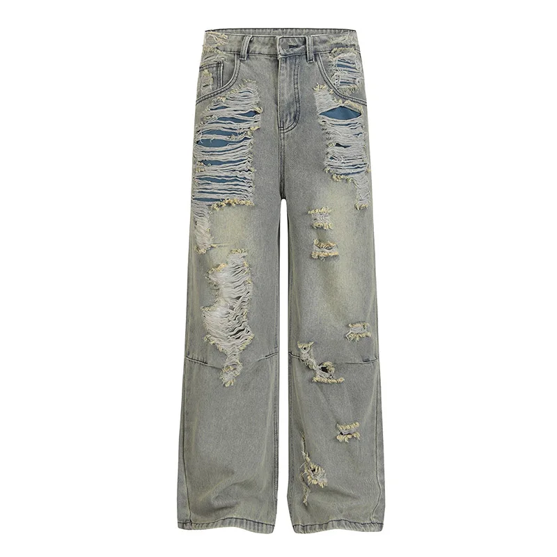 

Vintage Hip Hop Ripped Jeans Pants Washed Streetwear Casual Denim Trousers For Male Patchwork