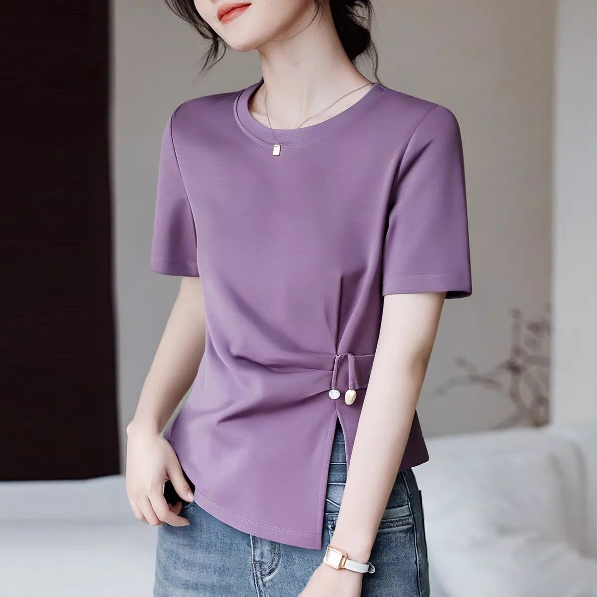 plus Size Asymmetrical T-Shirt Women's Summer Slimming Waist Cinched Short Sleeve Casual Style Printed  Knot Top