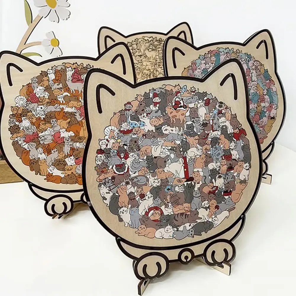 Rompecabezas de madera con forma de gato de color Morandi de 135 piezas, rompecabezas en forma de gatos, gato de boca grande de dibujos animados, regalos de Navidad creativos