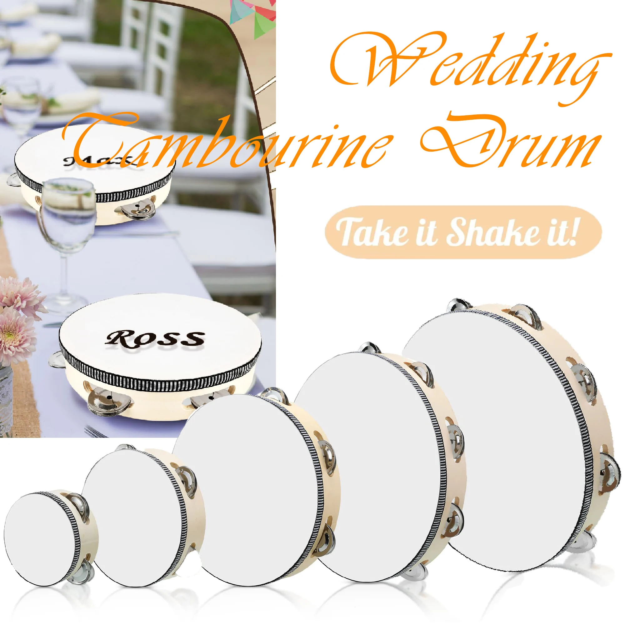 

Wedding Tambourine Drum for Adults Hand Held Percussion Wood Metal Jingles Kids Musical Educational Drums Instrument Noise Maker