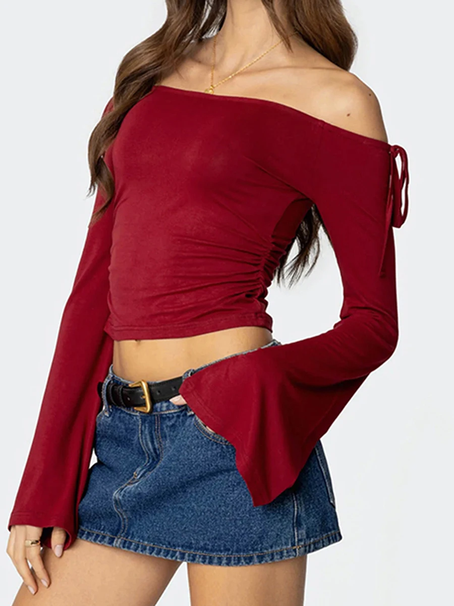 Camisetas de color sólido de moda con hombros descubiertos y manga larga con lazo de primavera para mujer