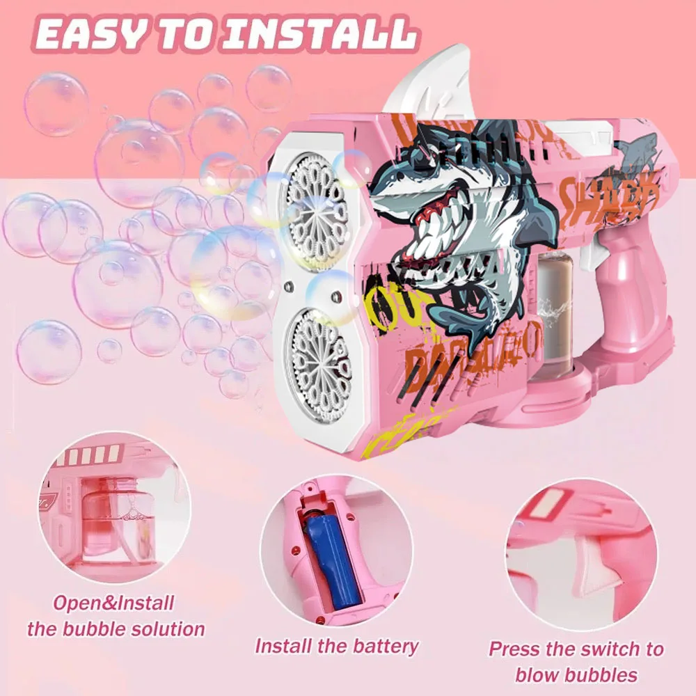 Zabawka dla dzieci i dorosłych, świecący pistolet do bąbelków w kształcie rekina, elektrycznie spustowana dysza do pistoletu do bąbelków, niezbędna zabawka do zabawy na świeżym powietrzu, bąbel