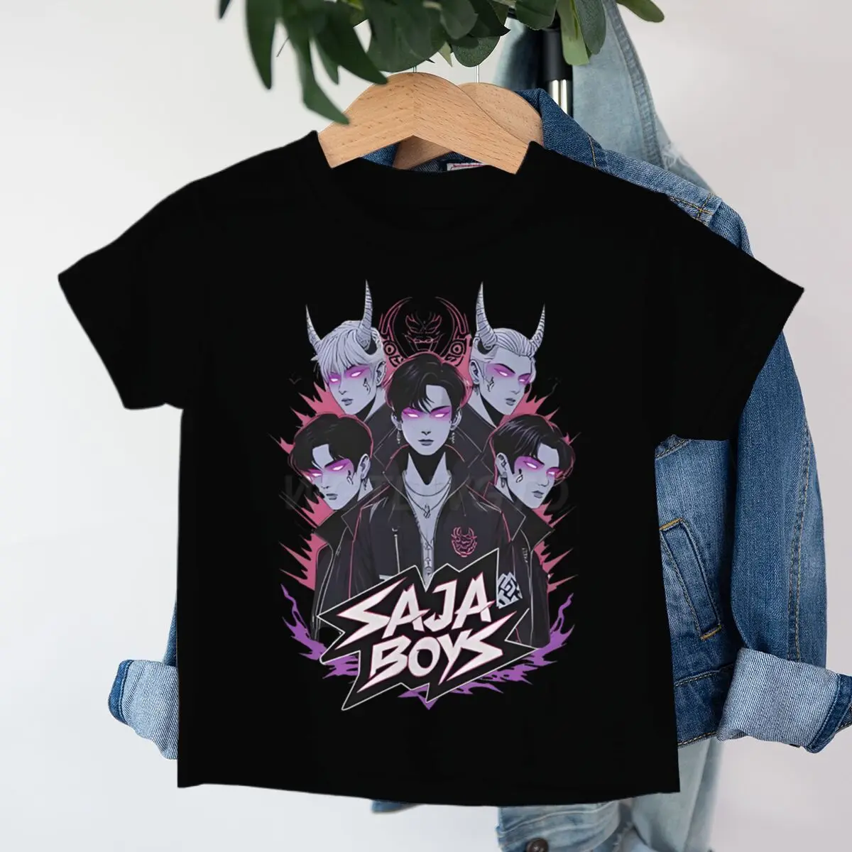 

Милая футболка с рисунком Saja для мальчиков и девочек Kpop Demon Hunters, летние топы с короткими рукавами и круглым вырезом, детская одежда