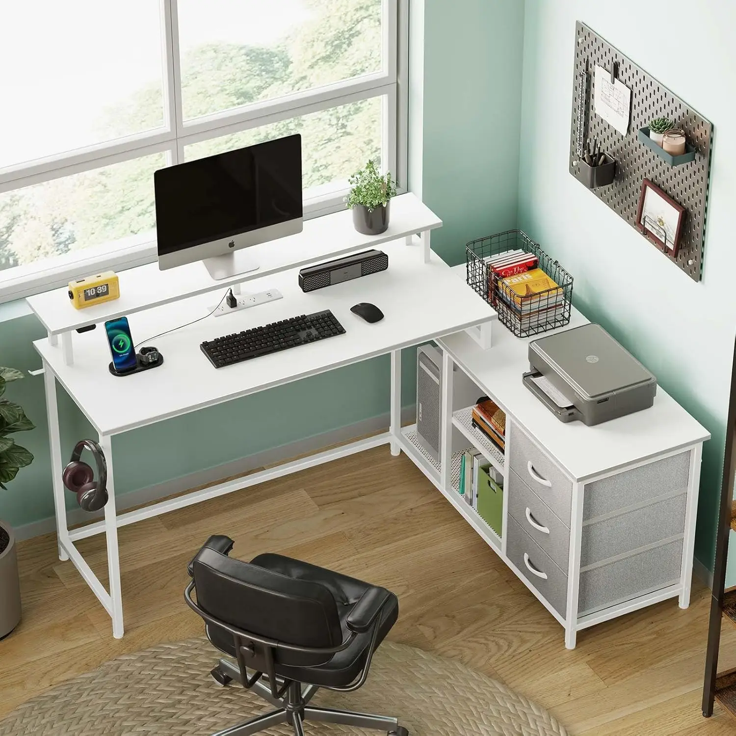 Seventable L Shaped Computer Desk with Drawers, Reversible Gaming Desk with LED Lights & Charging Port, Corner Desk with Storage