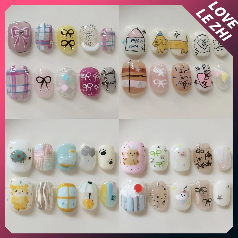 10Pcs Cute Short Square Round Handmade False Nails Cartoon Cat Dog Hand Painted Bowknot Pearl Bread Potato Reusable Fake Nails