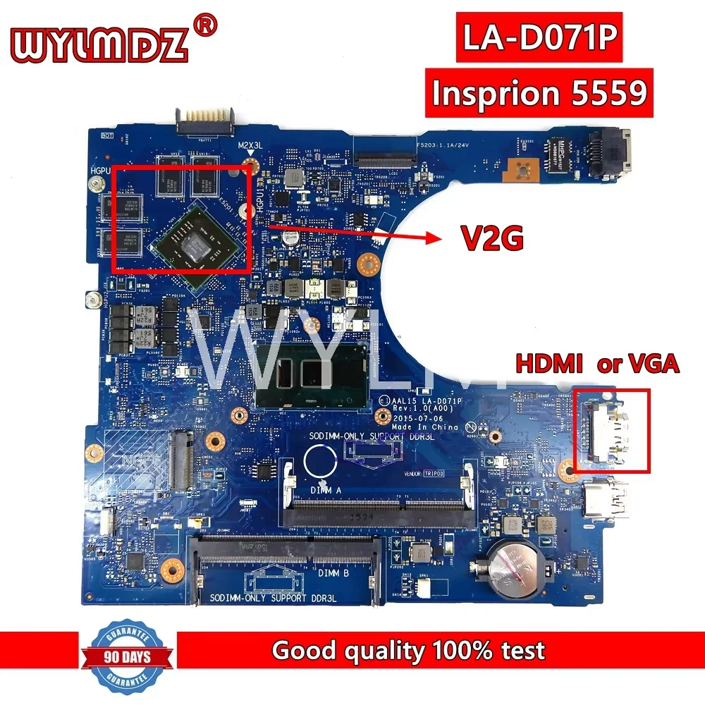 LA-D071P With i3/i5/i7 CPU V2G Mainboard For Dell Inspiron 5559 5759 5459 3559 Laptop Motherboard 100% Tested OK