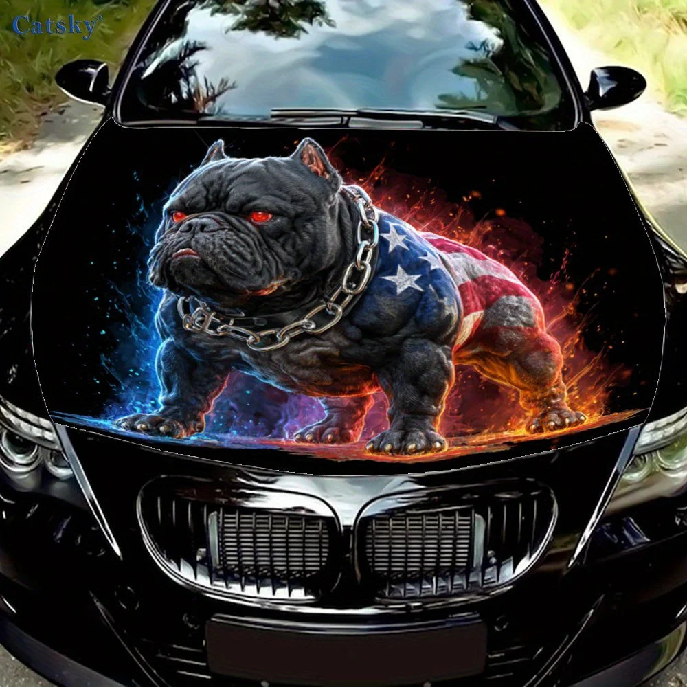 

Cool Flame & National - Flag Bulldog Car Hood Sticker, Personalized American - Style Power - Sense Body Decoration, waterproof s