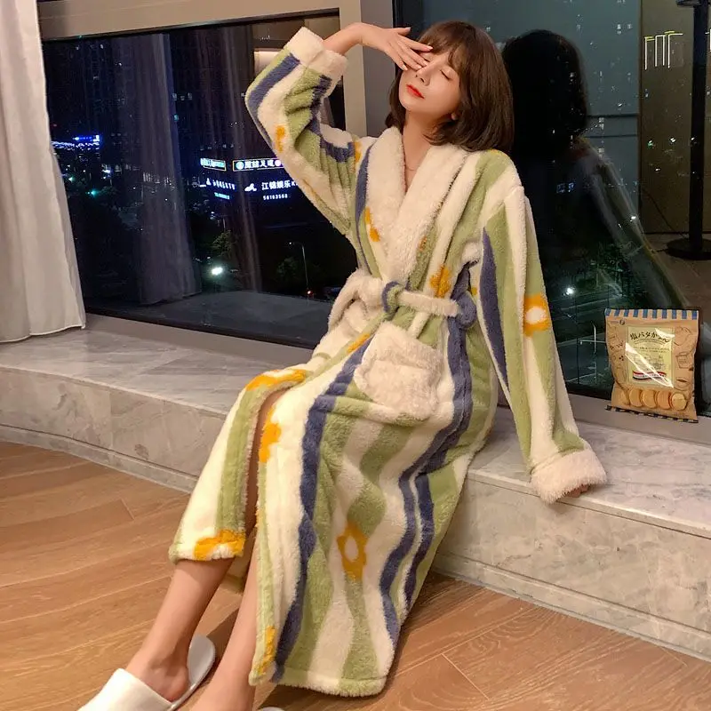 

Striped Robe for Women Belt Sleepwear Nightdress Winter Night Wears Pajama Nightgown Long Sleeve Warm Fleece Homewear Japanese