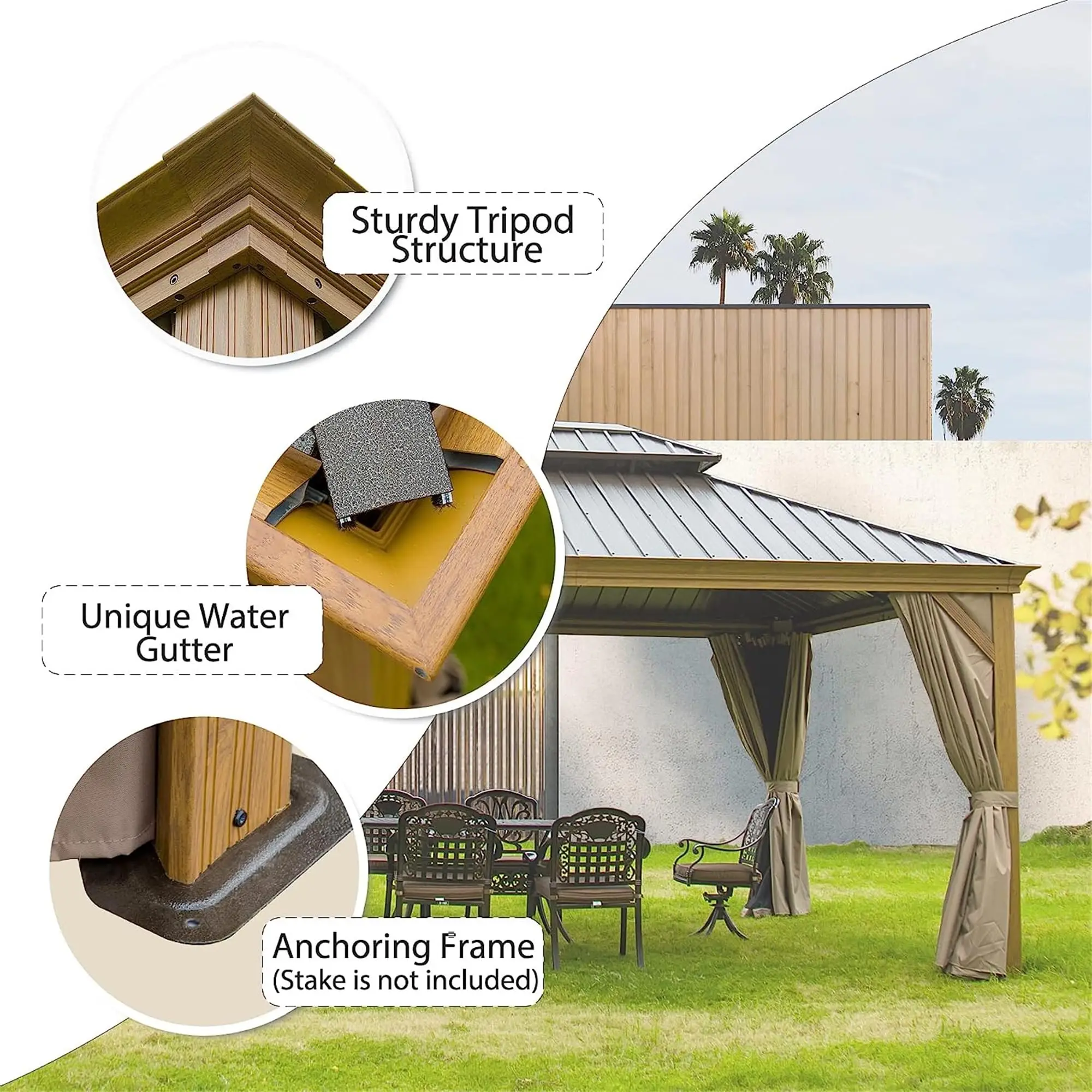 High Quality Custom Wooden Coated Pavilion Aluminum Frame Canopy Outdoor Hardtop Gazebo Tent With Curtains And Netting