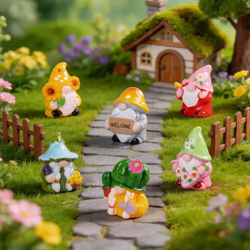Mini 6Pcs Gnome Figurines Resin Crafts Micro Landscape Ornaments Car Desktop Lawn Decor Elf Bonsai DIY Christmas Decorations