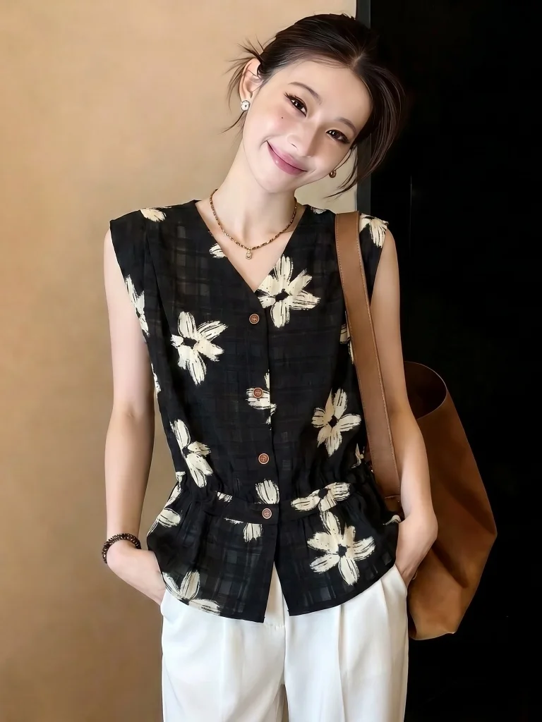 

Floral V-neck Short Sleeve Shirt Women's Summer New Style plus Size Fashionable Waist-cinching Top Korean Loose Fit Snowflake