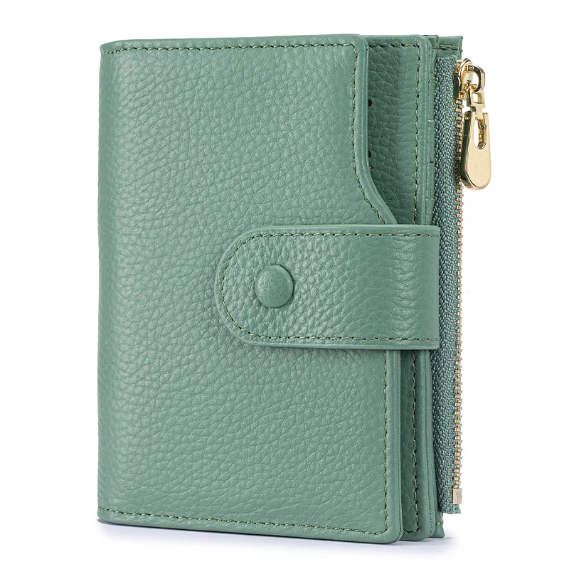 محفظة ثنائية الطي للنساء من الجلد الطبيعي مزودة بتقنية تحديد الهوية بموجات الراديو بسعة كبيرة عمودية مع جيب بسحاب ونافذة لبطاقة الهوية، باللون الأخضر