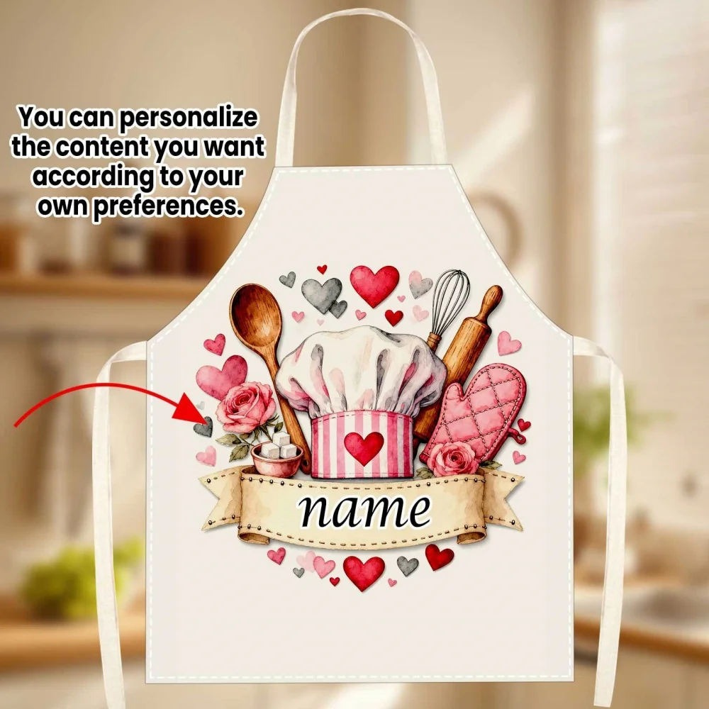 1Pc Custom Name/Text Apron, Pink Kitchen Utensils & Hearts Print, Suitable for Baking, Cooking Gifts, Apron for Chefs, Cooks