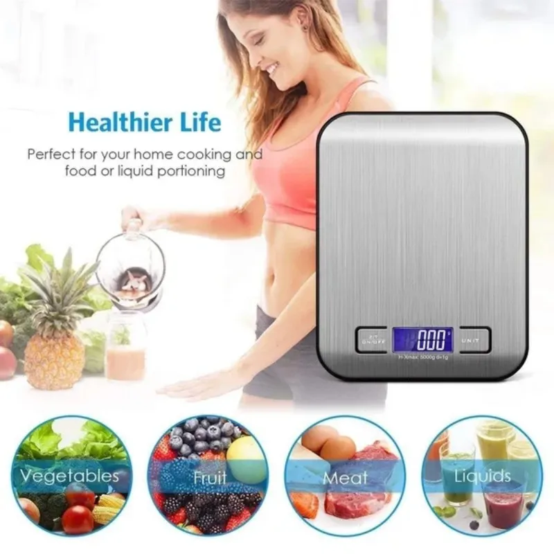 5/10KG LCD Display Digital Kitchen Electronic Scale Stainless Steel Panel USB Charg Precise Small Platform Scale Portable