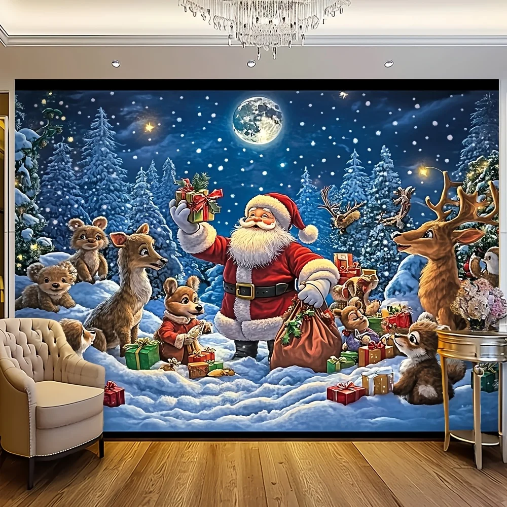 1pc Santa Claus and Reindeer Christmas Tapestry with Snow Scene Elf Deer Decor Christmas Tree Door PartyOrnaments BackdropFabric