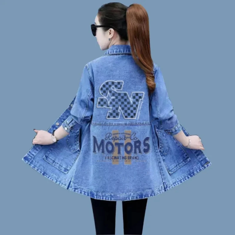 2024 Spring Autumn Women Denim Coat Cardigan Loose Mid-Length Jeans Jacket 5XL Pocket Street Bomber Casual Denim Outwear Female