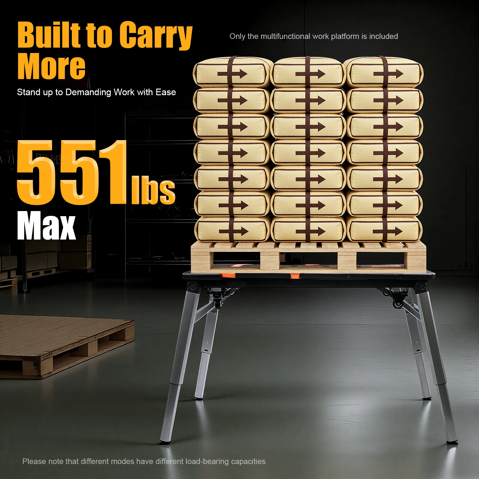 7-in-1 Multifunctional Work Platform – Foldable Sawhorse Scaffold Cart, 551 lbs Capacity, Adjustable Height, Tool Tray & Wheels, DIY Home Repair – Black
