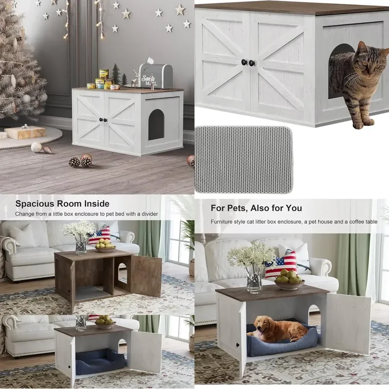 for Cat Box Enclosure Hidden with Barn Door Wooden Cat Washroom Furniture Fit Most of Box White