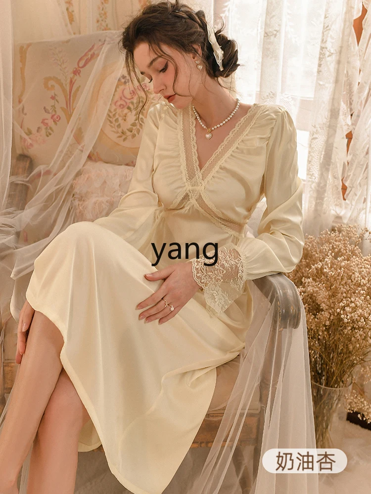 Yjq Che French pajamas women's summer ice lace court long-sleeved chest pad nightdress