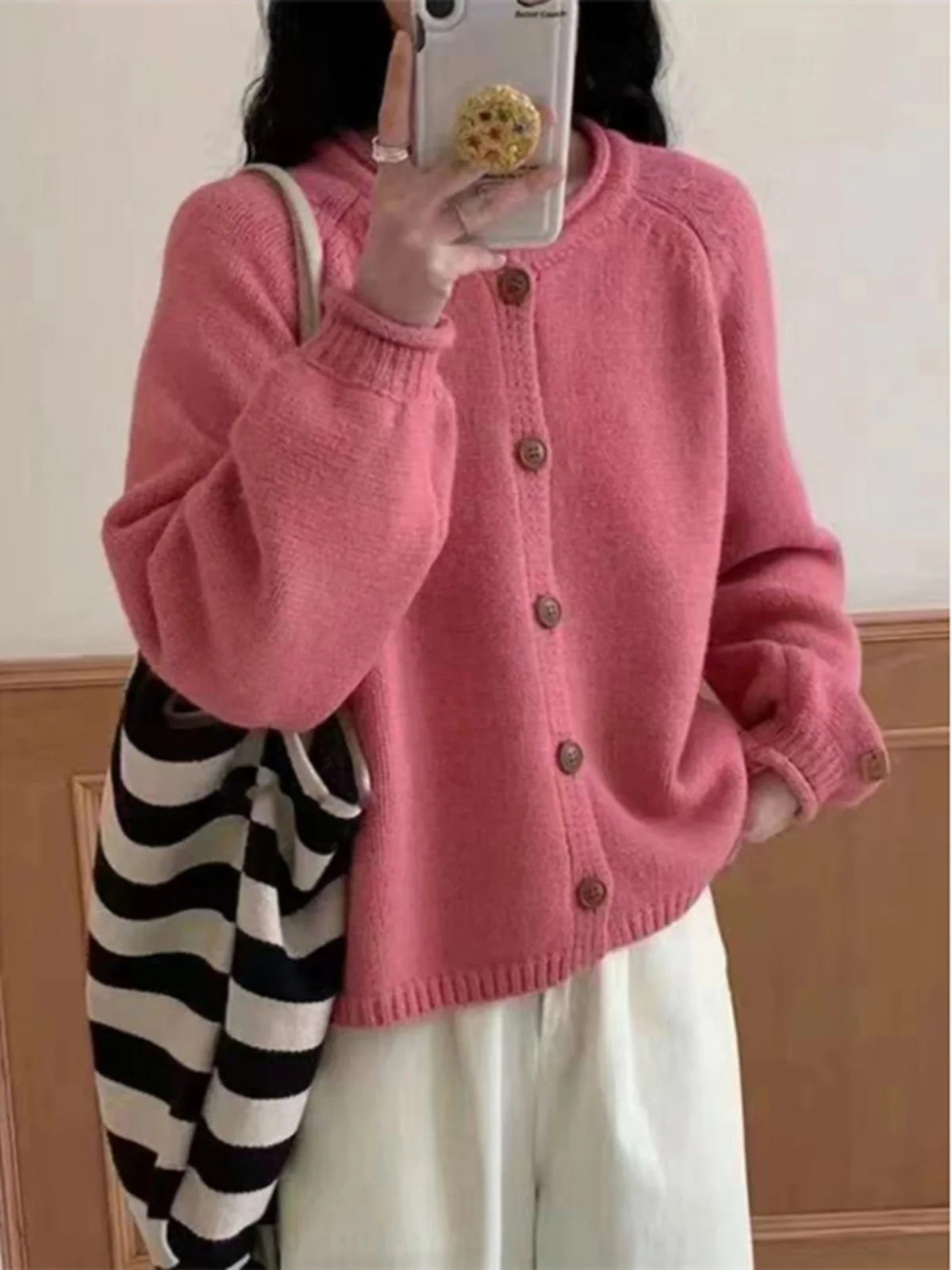 2024 Autumn and Winter New Women clothes Idle Sle Solid Knit cardigan Sweater Loose Slimming Casual Outerwear Top Clothes