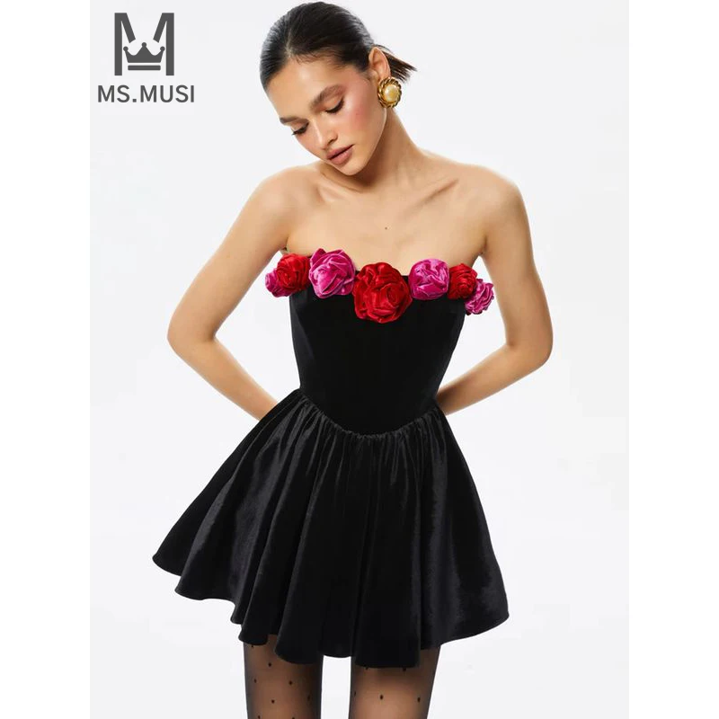 

MSMUSI 2024 New Fashion Women Sexy A-Line Strapless Floral Sleeveless Backless Bodycon Party Club Event Slim Velvet Mini Dress