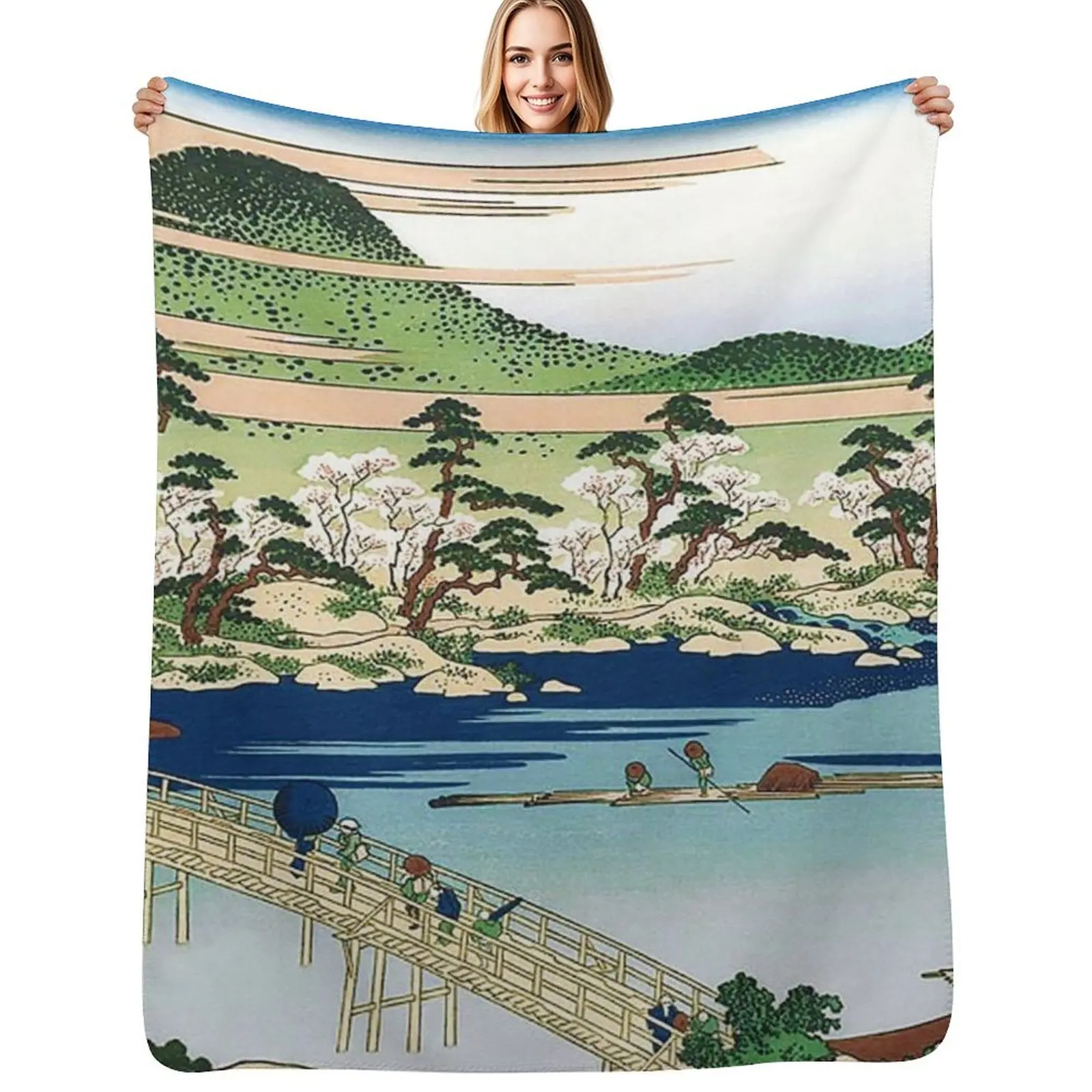 Togetsu Bridge at Arashiyama in Yamashiro Province by Katsushika Hokusai Throw Blanket Hairys Travel Plaid Blankets