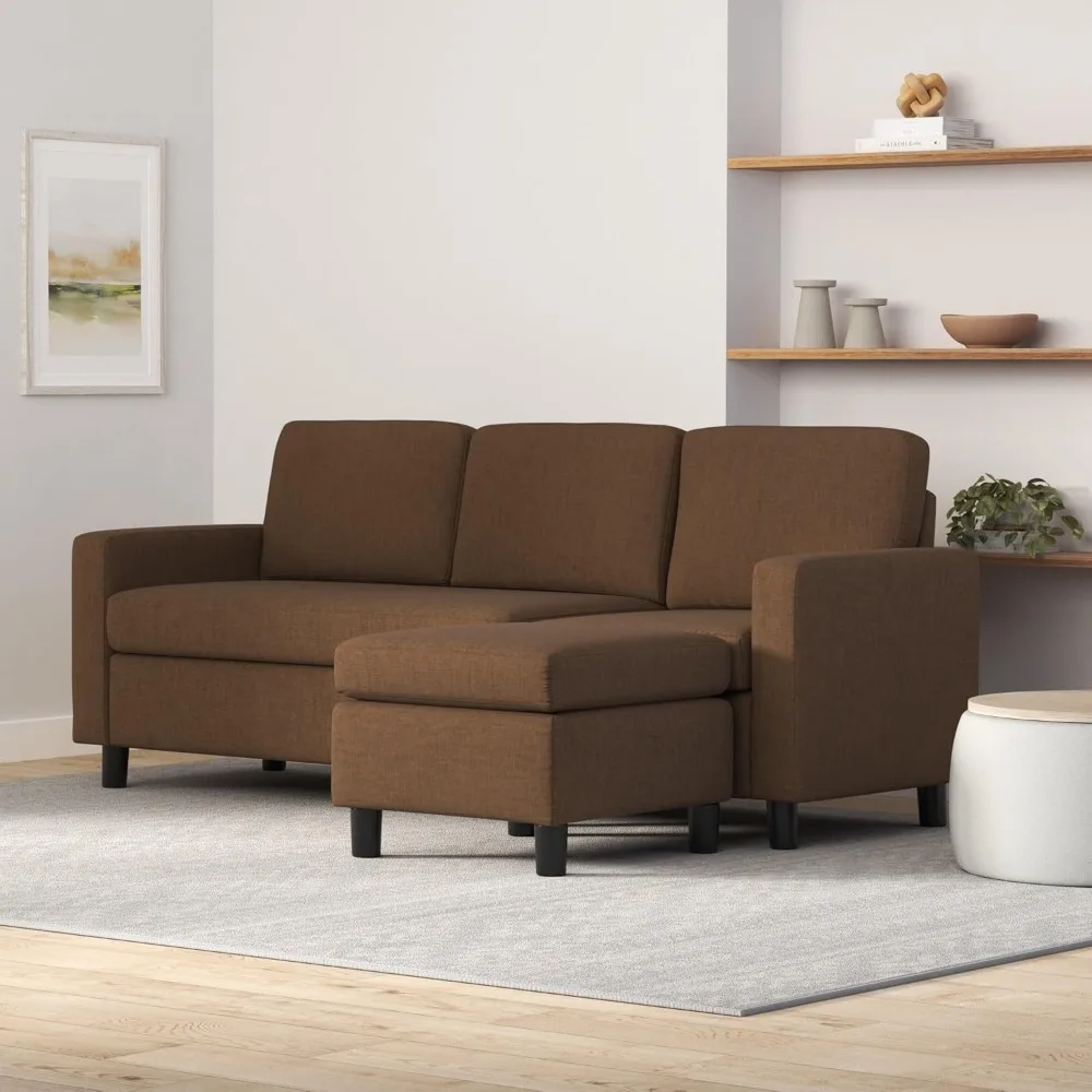 Upholstered Sectional Sofa w/Chaise Lounge, 3-Seat, L-Shape Design, Reversible Ottoman Bench, 680lb Capacity - Brown