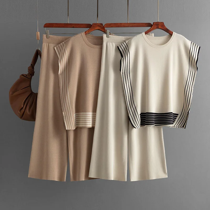 Women's Fashion Set Export-Grade Striped Patchwork Round-Neck Loose Knit Top with High-Waisted Straight-Leg Wide-Leg Pants