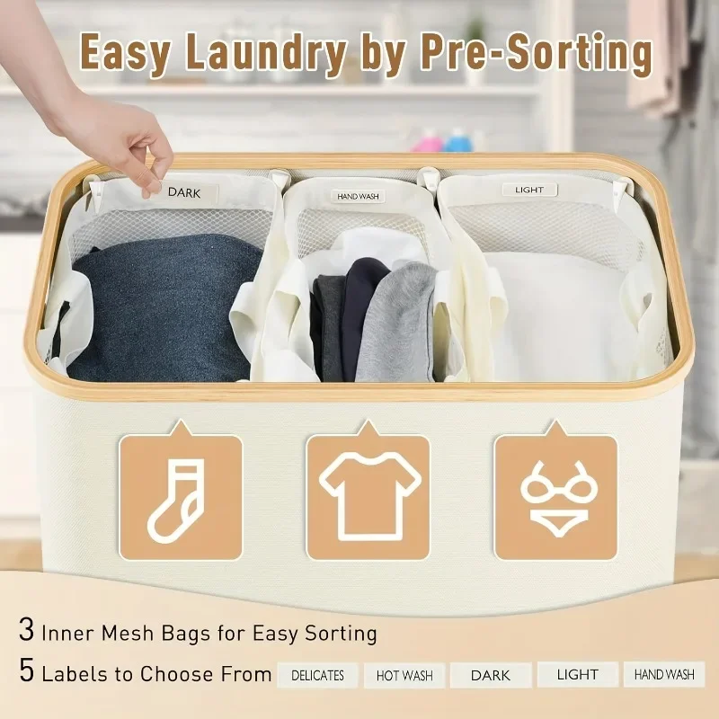 160L Extra Large Laundry Basket with Lid 3-Grids Inner Bags Laundry Hamper Handles Classification Labels Foldable Laundry Basket
