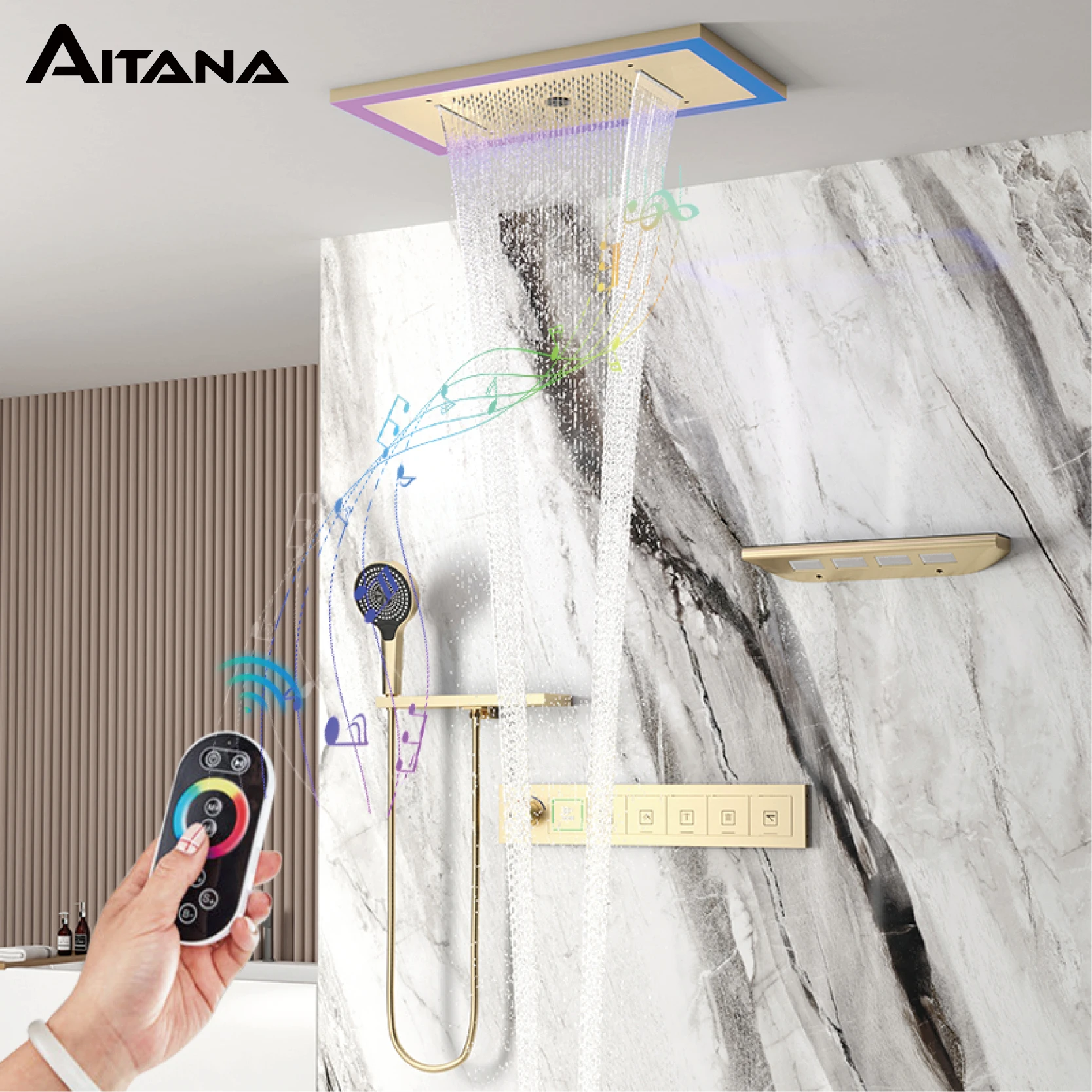 Luxury Thermostatic Brass Ceiling Mounted Shower Set LED Display Music Rainfall Waterfall Top Spray Bathroom Shower System