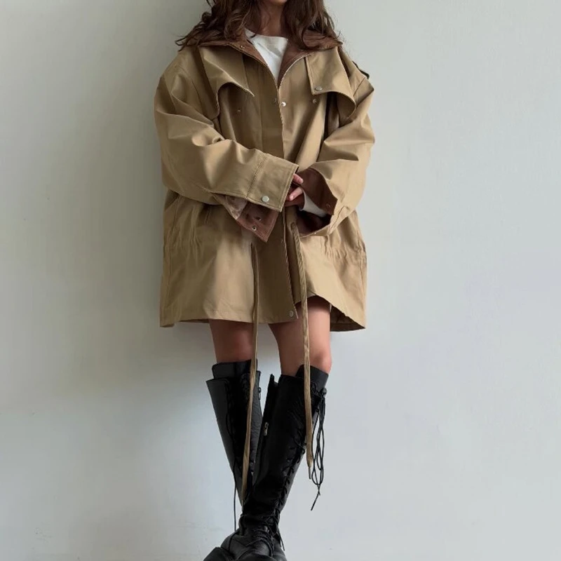 FANAN Khaki Women Color‑Block Short Trench Coat Oversized Loose Drawstring Waist-cinching Hem Snap Button Windbreaker Autumn New