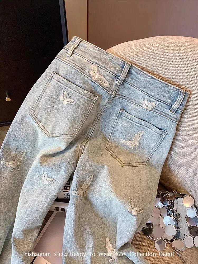 

Summer Design High Waist Loose Denim Trousers Slimming Wide Leg Pants Korean Style Embroidery Straight Jeans for Women