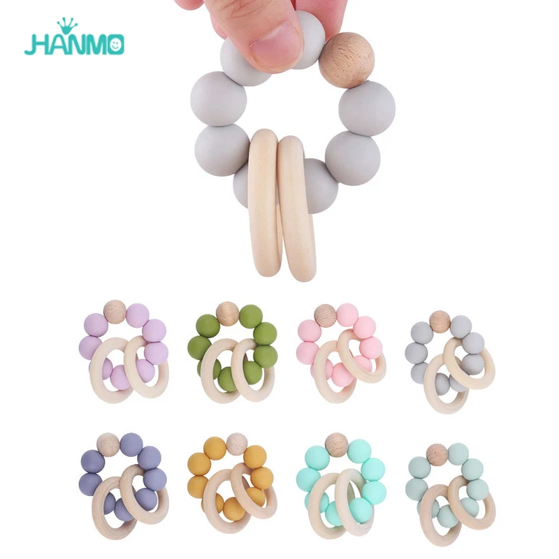 

1 pc Baby Teether Rattle Beech Wood Ring kids silicone beads Infant gym montessori newborn Teething Toys