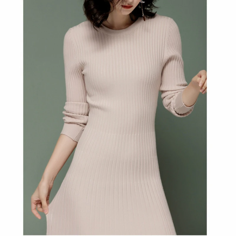 Ribbed-knit Jersey Dress Long Sleeve Ruffle Hem Solid Color Crew Neck Sweater Dress 2024 Knitwear Autumn/Winter Woman Clothing