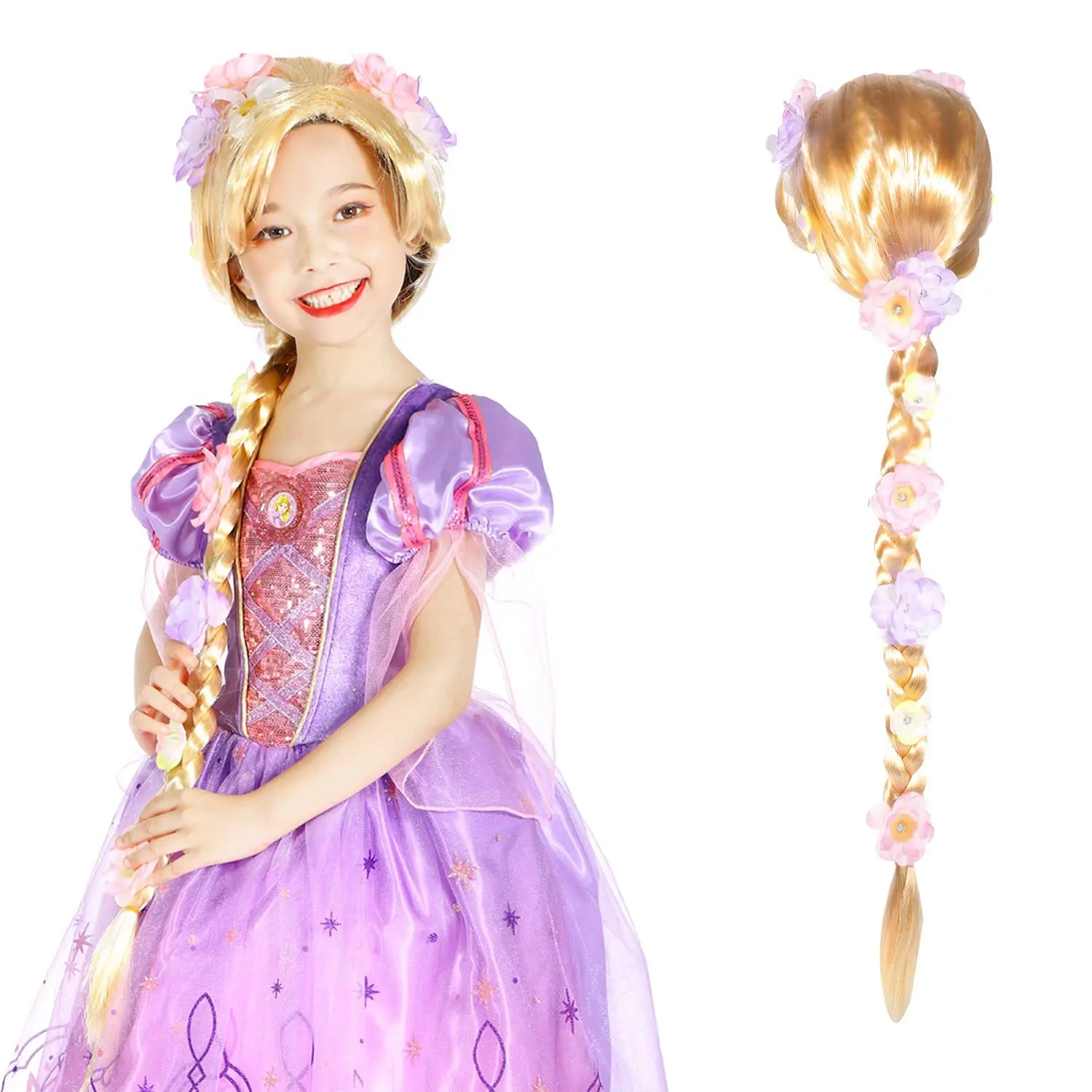 

Super Long Princess Rapunzel Wig with Flowers- Girls Blonde Braid Synthetic Wigs for Cosplay Halloween Christmas Birthday Party