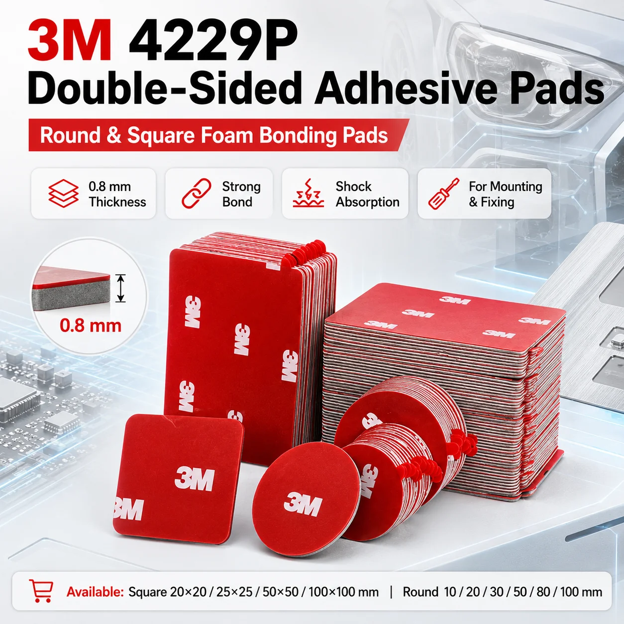 3M 4229P Double Sided Acrylic Foam Adhesive Pads Strong Bonding For Auto Trim Electronics Mounting Square Round 0.8mm