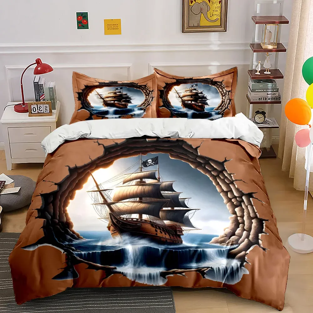 Pirate Ship Wall Art Set Soft Comfortable Duvet Cover Bedding Set Included 1*Duvet Cover & 2*Pillowcases, gift