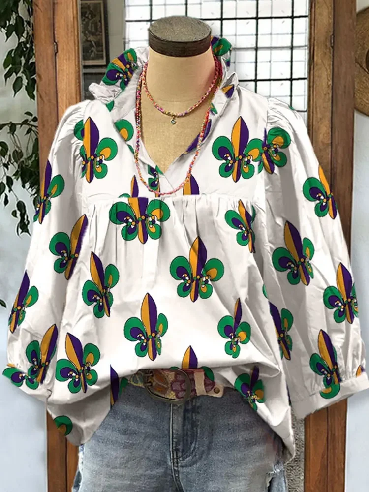 Mardi Gras Printed V-neck Puff Sleeve Blouse Top  Short Sleeve Pullover Women shirts Tops