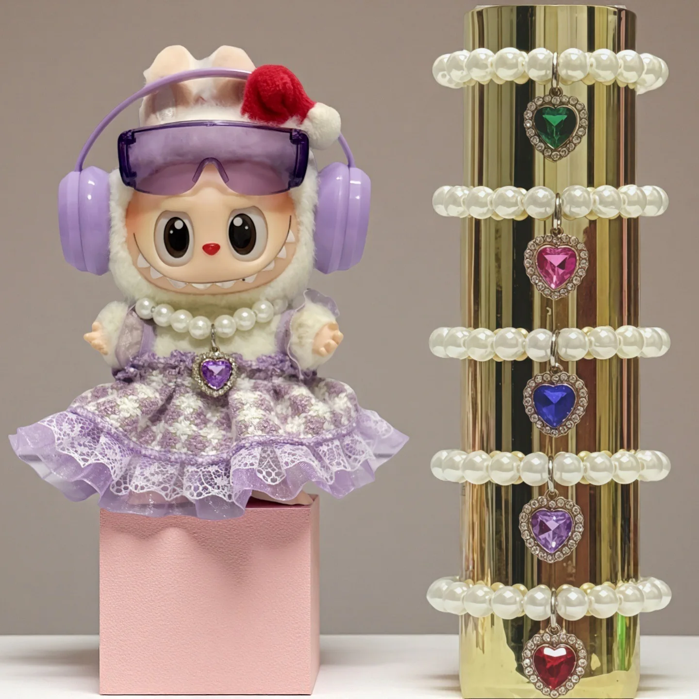 

17CM Pendant Labubu Doll 1st Gen 2nd Gen Macaron Vinyl Doll Trendy Changeable Outfit Pearl Necklace Pull
