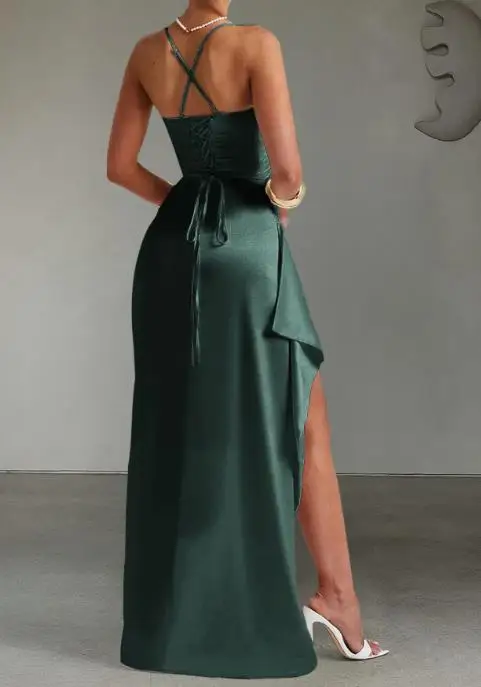 

Elegant Evening Dress for Women Solid Color Sexy Square Neck Suspender Long Dress with High Slit Irregular Style for Parties